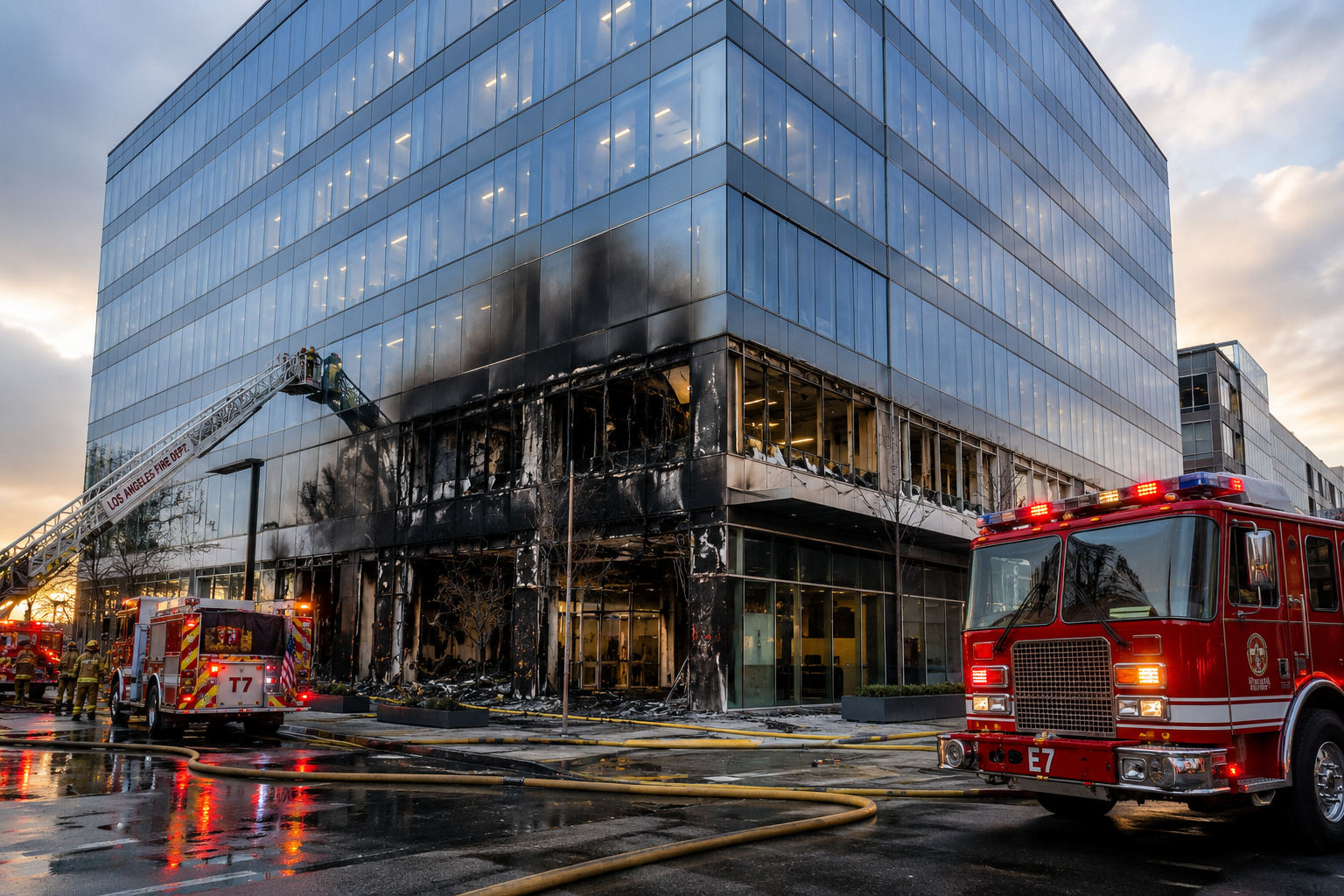 Fire trucks outside a glass office building with fire damage on lower floors