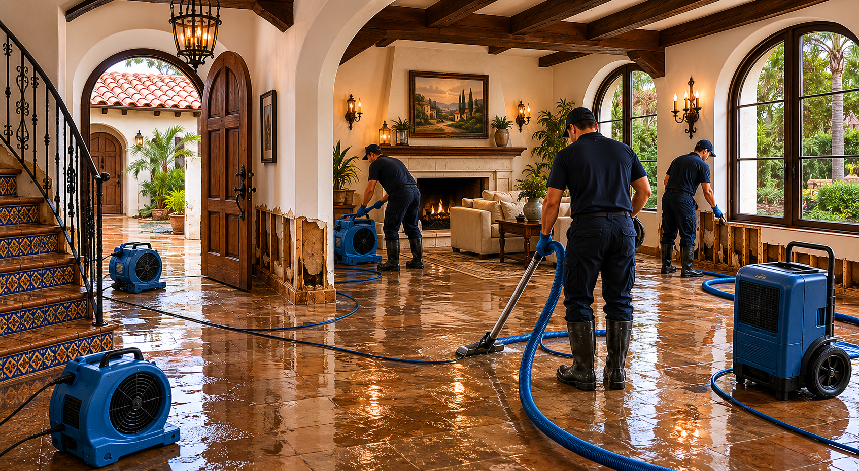 Spanish style home with flooding damage and remediation crew